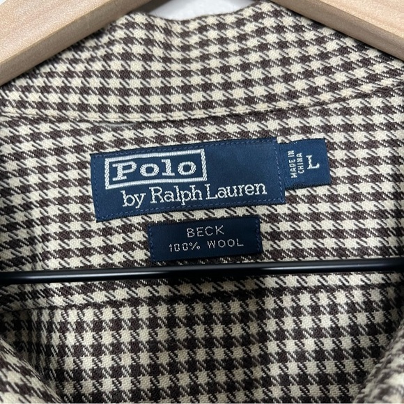 VTG Polo Ralph Lauren Men Beck Shirt Large 100%‎ Wool Houndstooth Brown Pockets - Picture 7 of 10